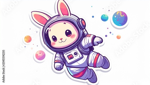 Adorable kawaii bunny astronaut floating in outer space with colorful planets, perfect for stickers and futuristic art