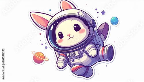 Adorable astronaut bunny floating in space, whimsical illustration of a cute rabbit character in a spacesuit, surrounded by planets and stars