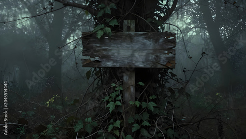 Abandoned Old Wooden Sign in Dark Spooky Foggy Forest with Vines Mystery Background