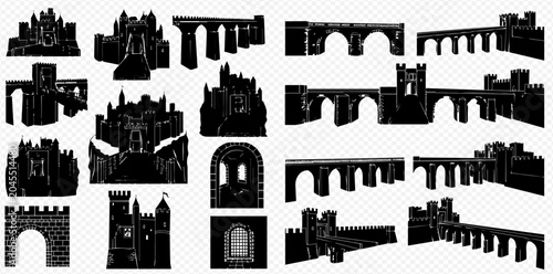 Foto Collection of various ancient and medieval architectural silhouettes including castles, bridges, and archways, isolated on a transparent background