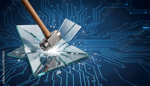Hammer Smashing Breaking Glass on Digital Circuit Board Blue Technology Cyber Attack Concept