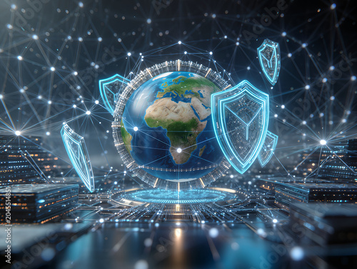 ​Global cybersecurity network and data protection concept with planet earth surrounded by glowing futuristic shields on abstract tech background
