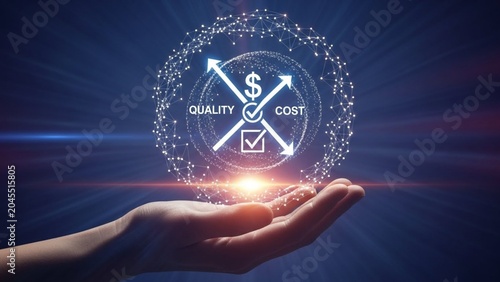 Hand holding glowing sphere symbolizing business optimization, balancing quality and cost in a futuristic digital environment for strategic management and efficiency