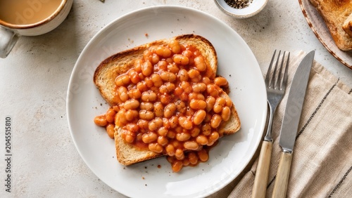 Hearty baked beans served hot on buttered toasted bread with coffee and cutlery on a white plate for a comforting breakfast