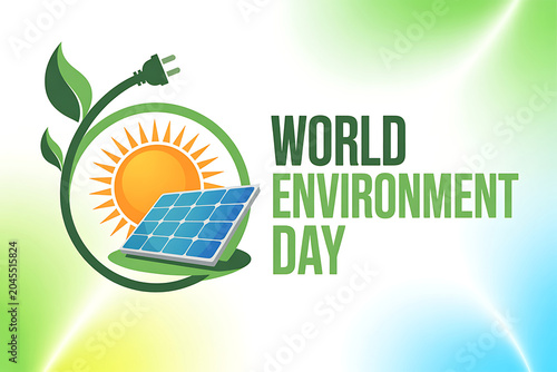 World environment day poster with solar panel and green leafy plug symbolizing eco friendly energy on colorful gradient background
