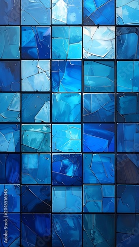 A mosaic artwork composed of small, square, blue glass tiles