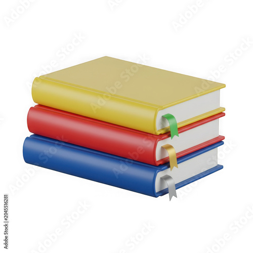 Stack of colorful books with green bookmark isolated on transparent background