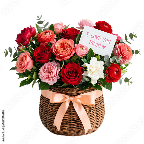 Mother's Day bouquet with 'I Love You Mom' card, roses, ranunculus in wicker basket, transparent background