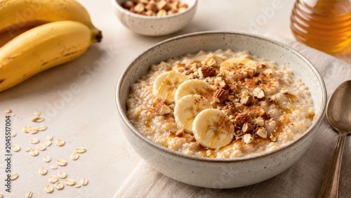 Creamy oatmeal porridge topped with banana slices, chopped nuts and honey drizzle in a ceramic bowl on a neutral table