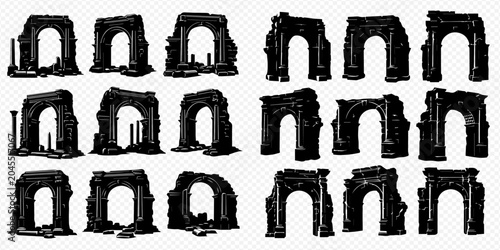 Obraz na plátne Collection of ancient ruined archways and gateways, historical architectural elements in dark silhouette, isolated on white background