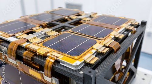 Cutting-edge small satellite module featuring multiple solar cells for advanced space technology and exploration missions