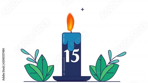 Birthday candles with the number 15. Anniversary date animation with a decorative plant, alpha channel. Cartoon