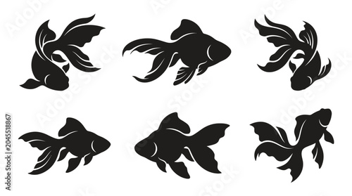 Foto different black goldfish silhouettes on a clean white background, minimalist vector style