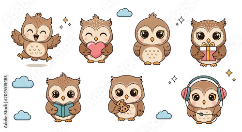 Cute Cartoon Owl Collection in Various Poses and Activities