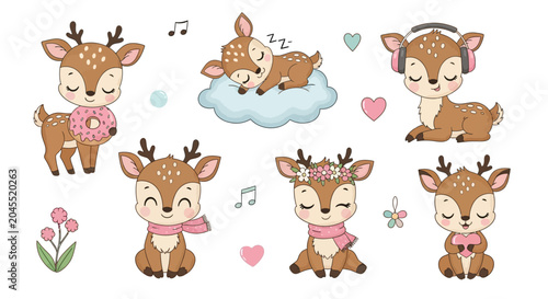 Cute Cartoon Deer Set with Accessories and Floral Elements