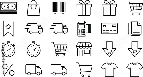 Canvas Print E-Commerce and Shopping Online Line Icon Set with Shipping Truck Cart Gift Box S