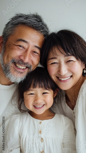 Happy asian grandparents with young child smiling in a bright indoor portrait with sharp focus for family insurance and senior care marketing
