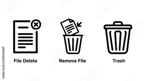 Data management and file deletion utility outline icons collection with management trashcan documents interface organization computing software maintenance technology application elements