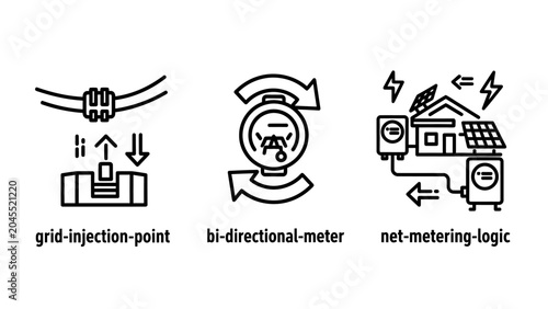 Solar energy net metering system icons including grid injection point and bi-directional meter with bi directional eco friendly metering injection electrical sustainable renewable electricity