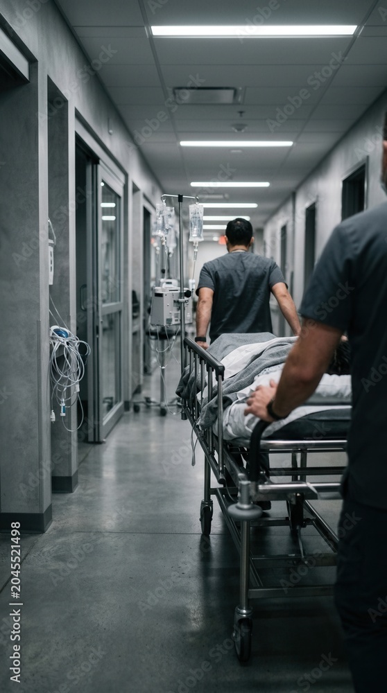 Fototapeta premium Medical Personnel Transporting Patient Down Sterile Hospital Corridor