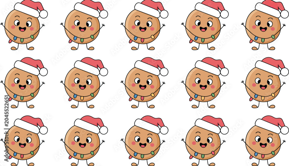 Fototapeta premium Cute Christmas Cookie Character Vector Illustration with Santa Hats, Smiling Faces, and Holiday Dessert Cartoon Designs Vector Designs