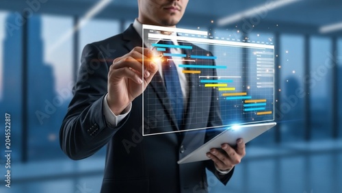 Businessman Interacting with Advanced Digital Project Management Interface for Strategic Planning and Critical Data Oversight in a Modern Corporate Environment