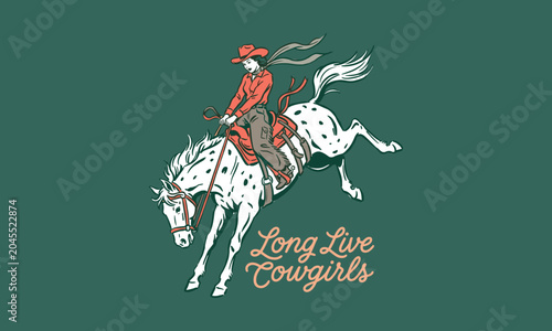 Fotografie Vintage retro illustration of a cowgirl riding a bucking horse with Long Live Co