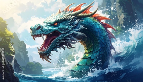 Turquoise dragon emerges from the ocean, with red hair and horns, against lush rocky islands under a vibrant cloudy sky