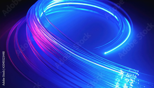 Abstract close-up of glowing blue and pink fiber optic strands forming a curved shape