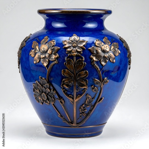 A vibrant blue vase, adorned with bronze-colored floral relief. The vessel has a bulbous shape and a detailed lip