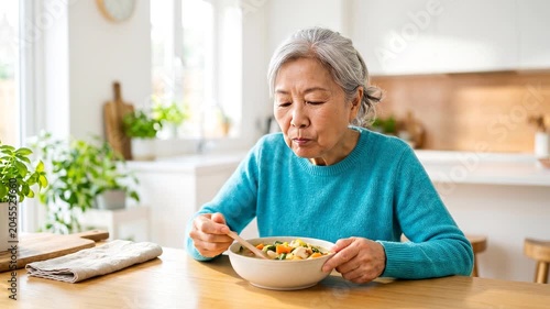 Elderly woman enjoying a meal while sitting at a dining table  