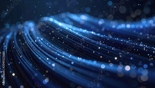 Abstract Blue Light Streaks and Bokeh Particles on Dark Background