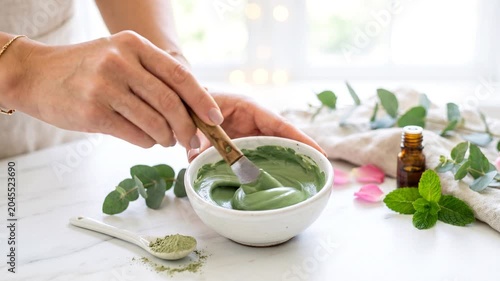 Woman mixing green clay facial mask in a bowl with herbal leaves  
