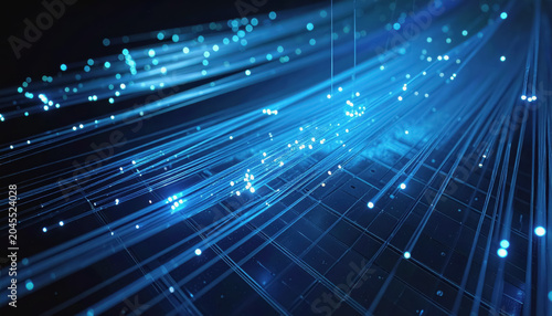 Close-up of glowing blue fiber optic strands with bokeh effect