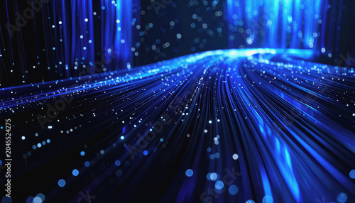 Abstract blue glowing fiber optic strands with bokeh lights, futuristic technology background