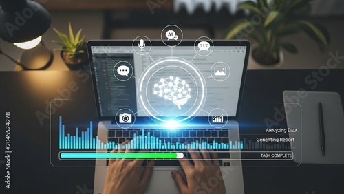 Futuristic brain graphic on laptop screen with progress bar symbolizing artificial intelligence development and learning