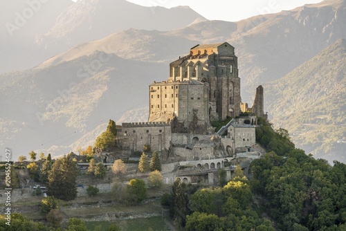 The Abbey Sacra di San Michele on the spur of Monte Pirchiriano, Sanctuary of St. Michael, Sant'Ambrogio di Torino, Val di Susa, Susa Valley, Turin Metropolitan Region, Piedmont, Italy