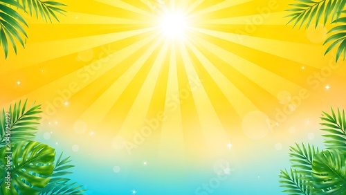 Bright Summer Sunshine Rays Background with Tropical Leaves and Sparkling Light Effects