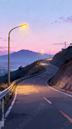 Winding Mountain Road with Illuminated Streetlights at Dusk, Stylized Anime Illustration of Scenic Highway in Purple Twilight, Concept of Journey, Solitude and Freedom, 4k