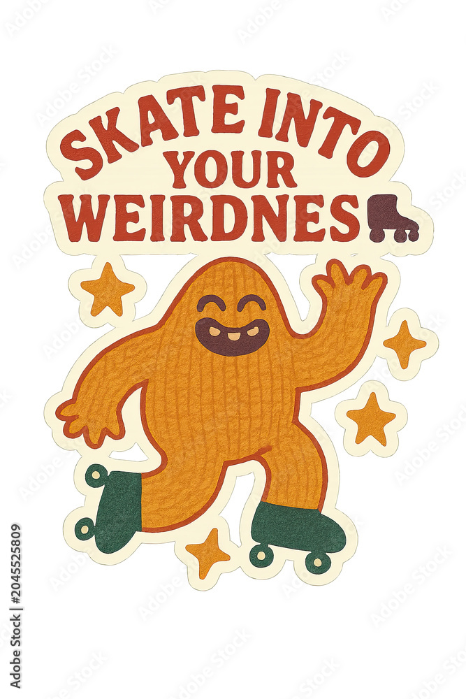 Naklejka premium High search niche Retro s poster with a cute fuzzy monster on roller skates and the motivational quote Skate Into Your Weirdness Vintage illustration about self acceptance and embracing individuality
