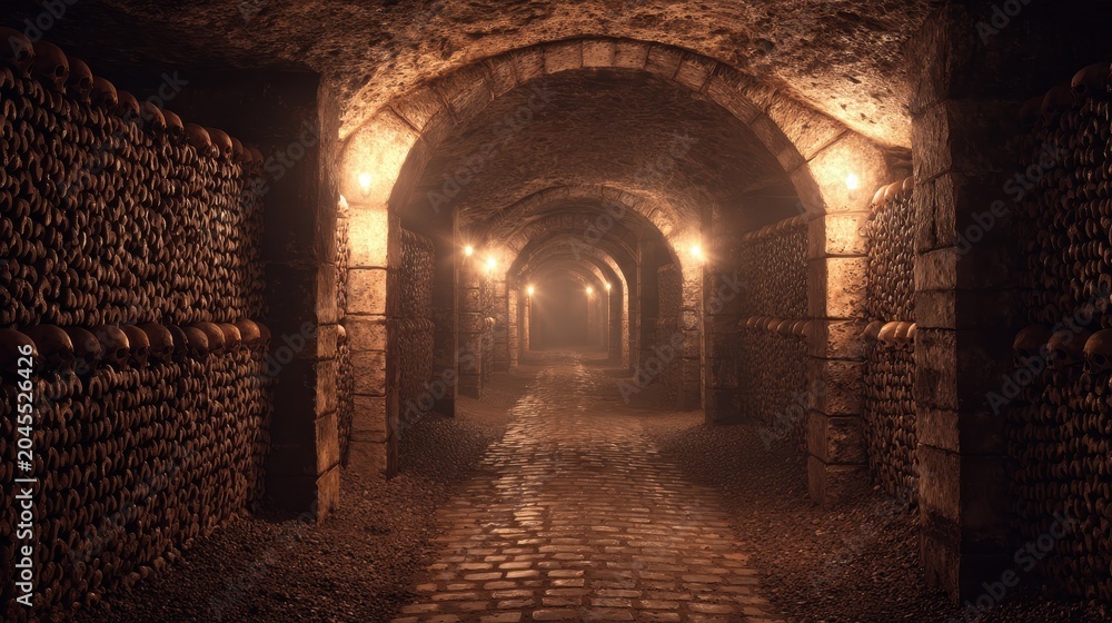 Obraz premium Ancient ossuary passage: rows of skulls and bone shelves in a damp crypt