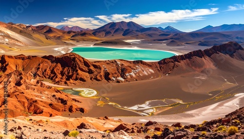 Turquoise lake in rugged desert mountains under blue, cloudy sky, high altitude scenic