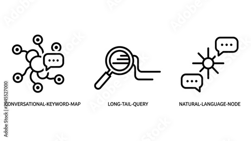 Search engine optimization and voice search technology icons set showing keyword mapping and natural language processing concepts with optimization keywords technology language processing