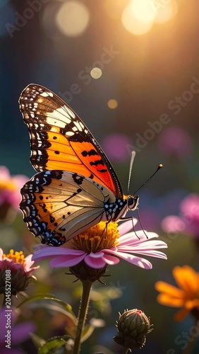 A vibrant butterfly, wings spread, rests on a pink flower bathed in sunlight. A close-up view of nature's beauty in soft focus