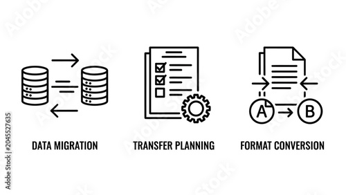 Data migration and technical file management icons for digital storage and information formatting with migration transfer planning conversion database document information technology business