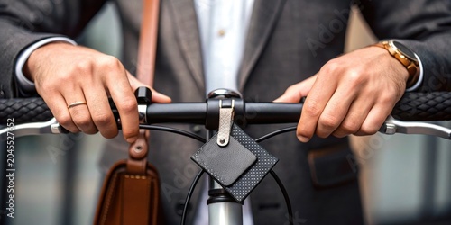 Bike business owner concept. Close-up of a businessman in a suit holding bicycle handlebars with a leather bag strap visible.