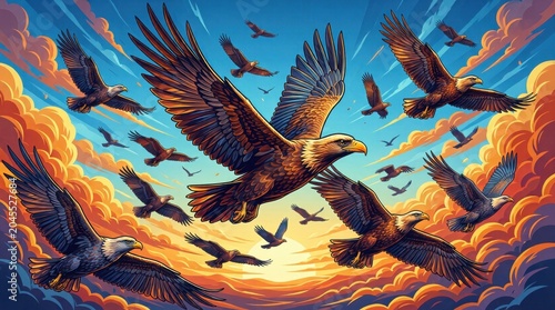 Eagles flying together over vibrant sunset cloud sky