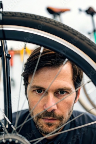 Bike business owner concept. Man looking intently through the spokes of a bicycle wheel in a close-up portrait.
