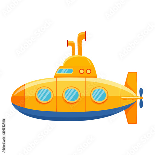 Cartoon yellow submarine with blue hull and orange accents