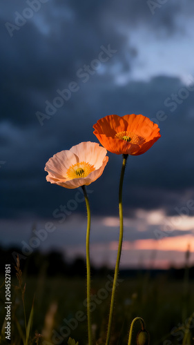 Two Poppy Flowers in Open Meadow Against Dramatic Storm Clouds at Sunset, Orange and Pink Wildflowers in Twilight Field, Concept of Togetherness and Resilience, 4k